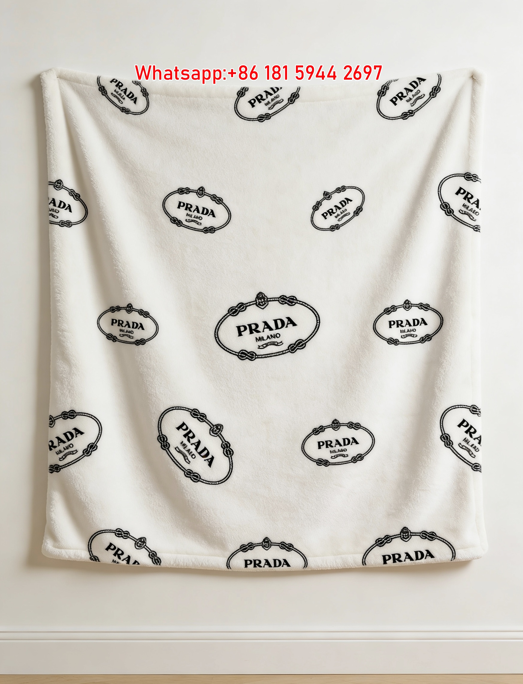 Prada Black and White All Over Logo Print Flannel Throw Blanket IMG_2730